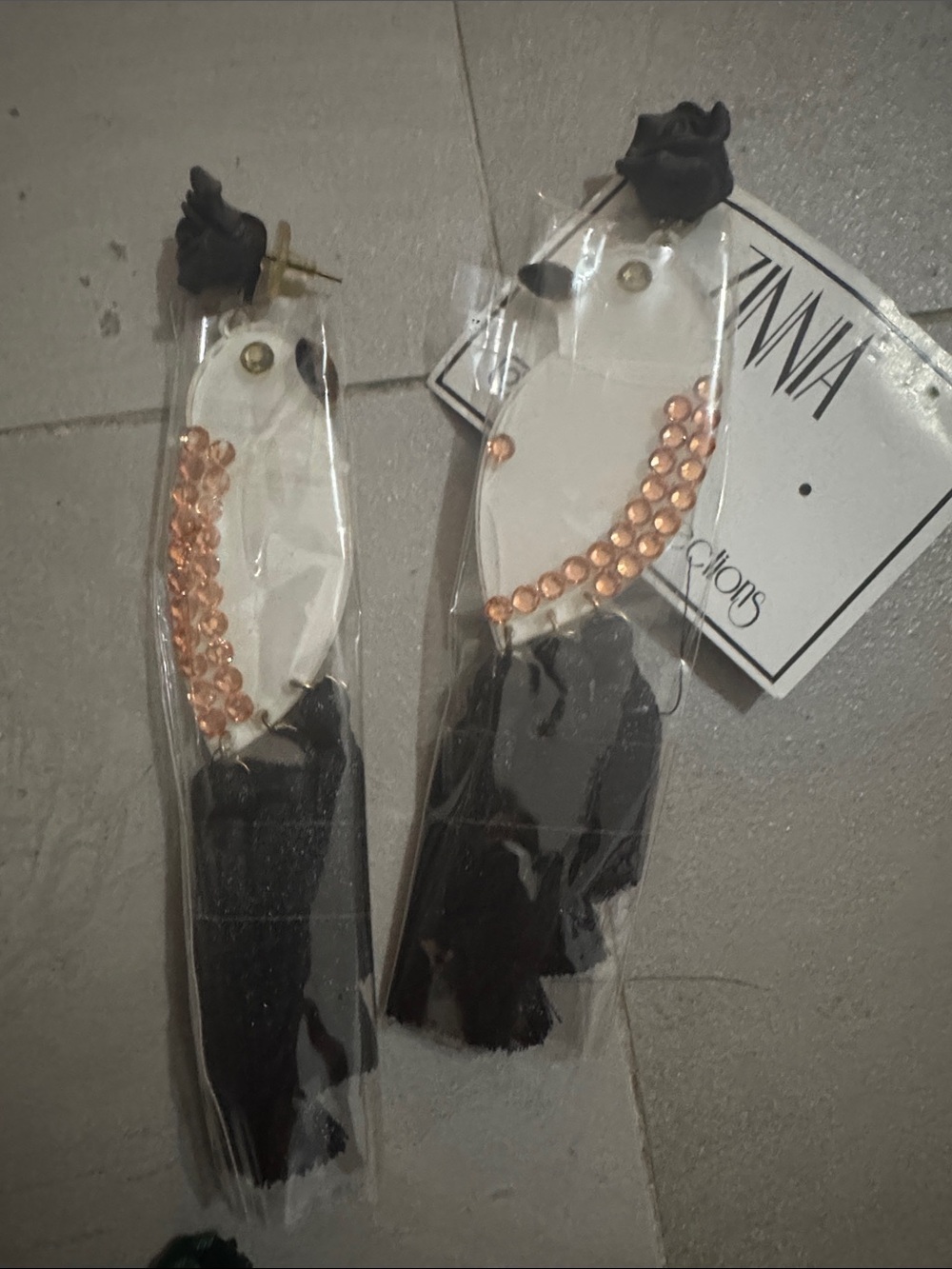 Black Tassel Drop Earrings with Rose Gold Accents